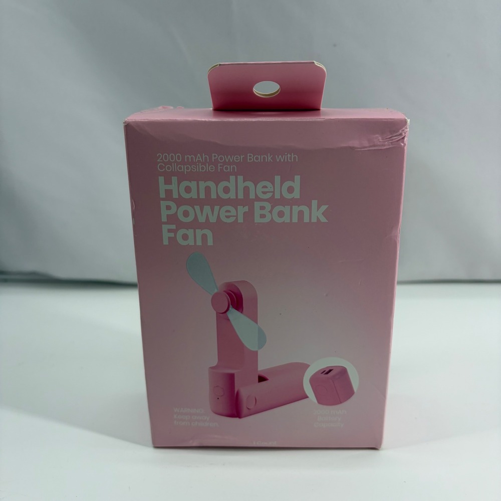 GEMS Handheld Power Bank Fan 2000 mAh Collapsible Portable Pink USB-C T2554